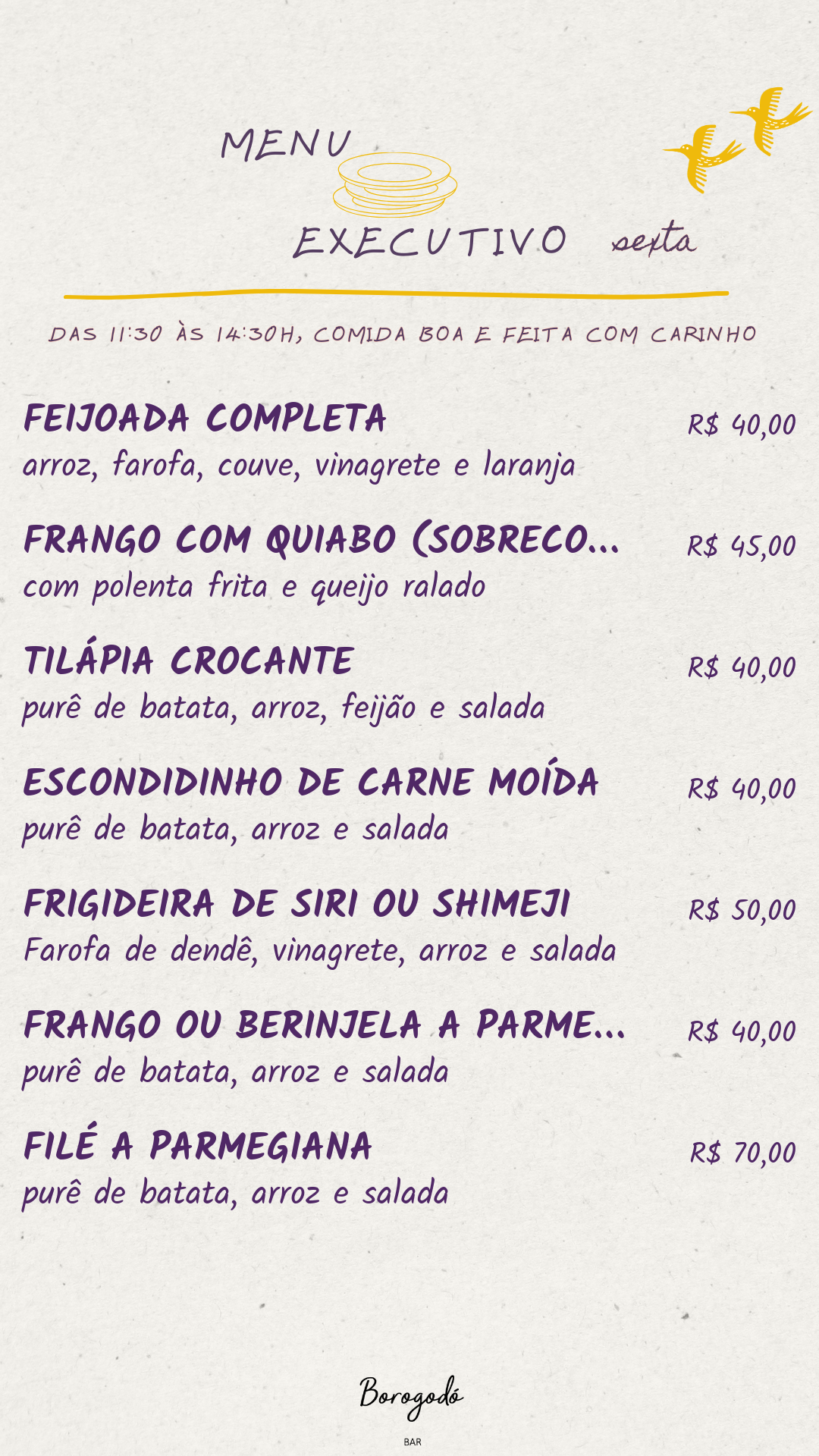 Cardápio almoço executivo Borogodó